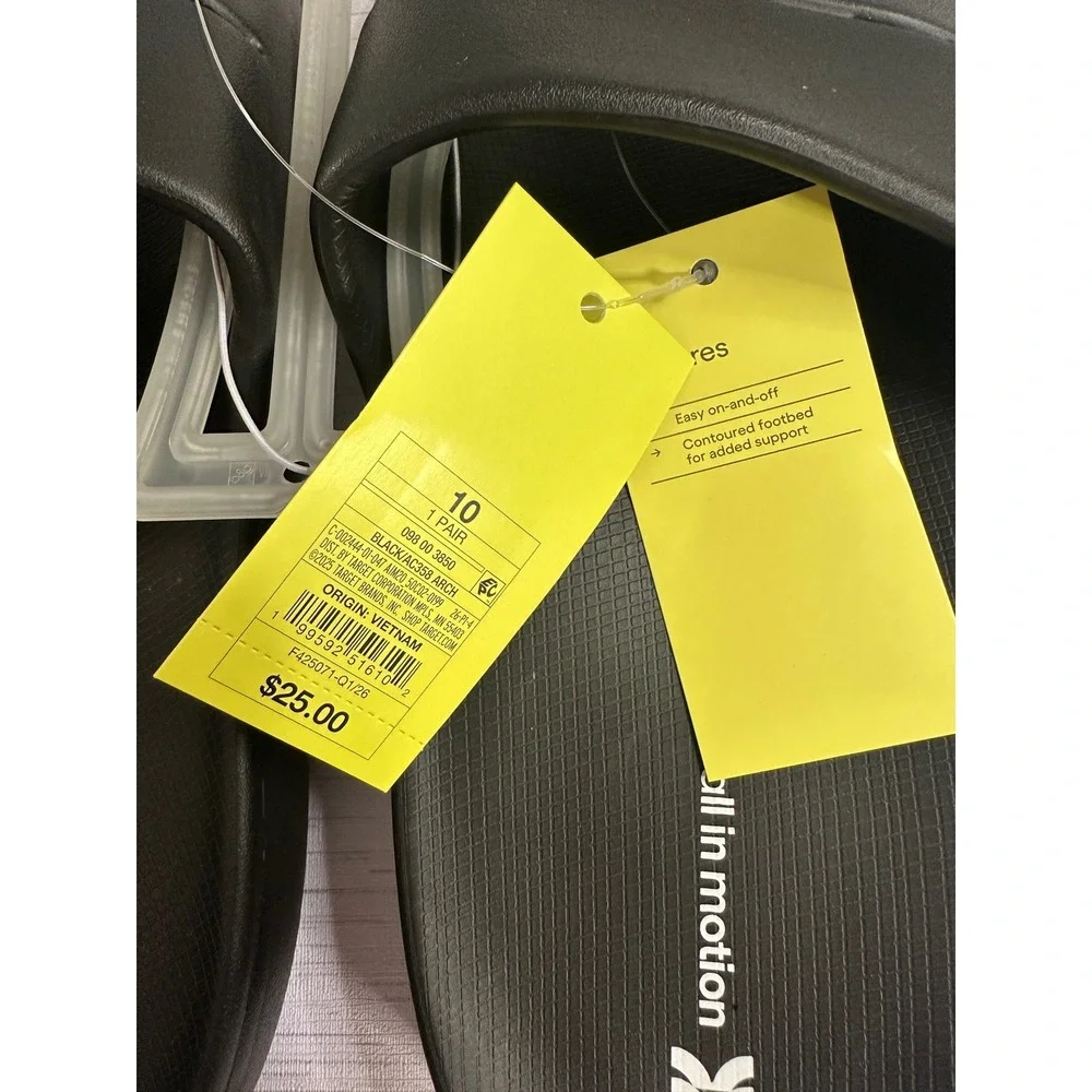 All in Motion Mens Arch Support Slide Sandals Black Size 10 AC358 Arch NEW
